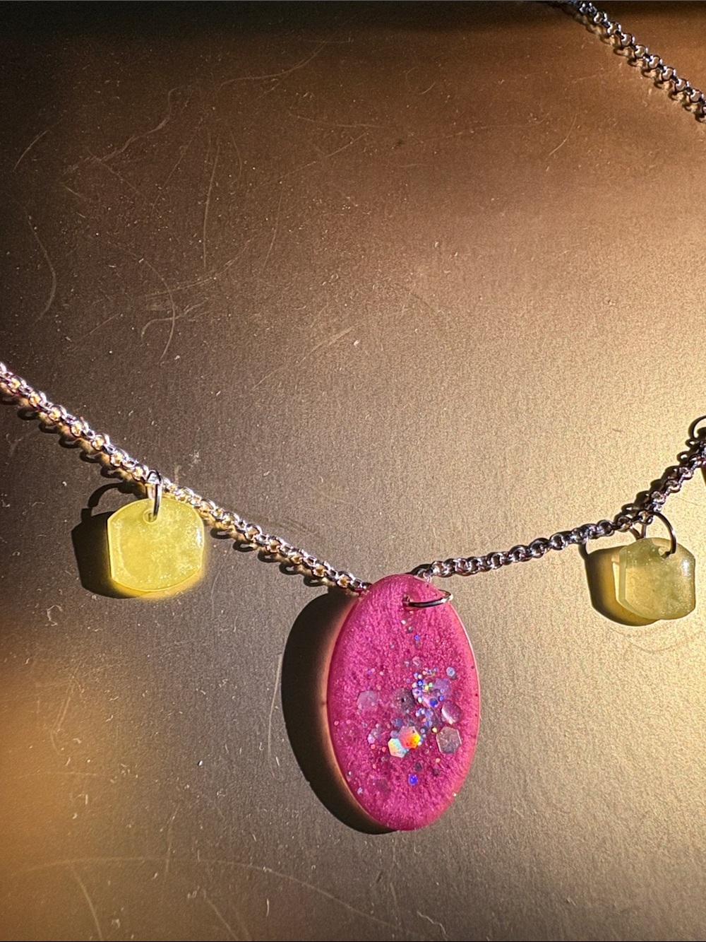 Emmy’s Creations Hand Crafted Pink and Yellow Resin Charm Necklace - Picture 3 of 4